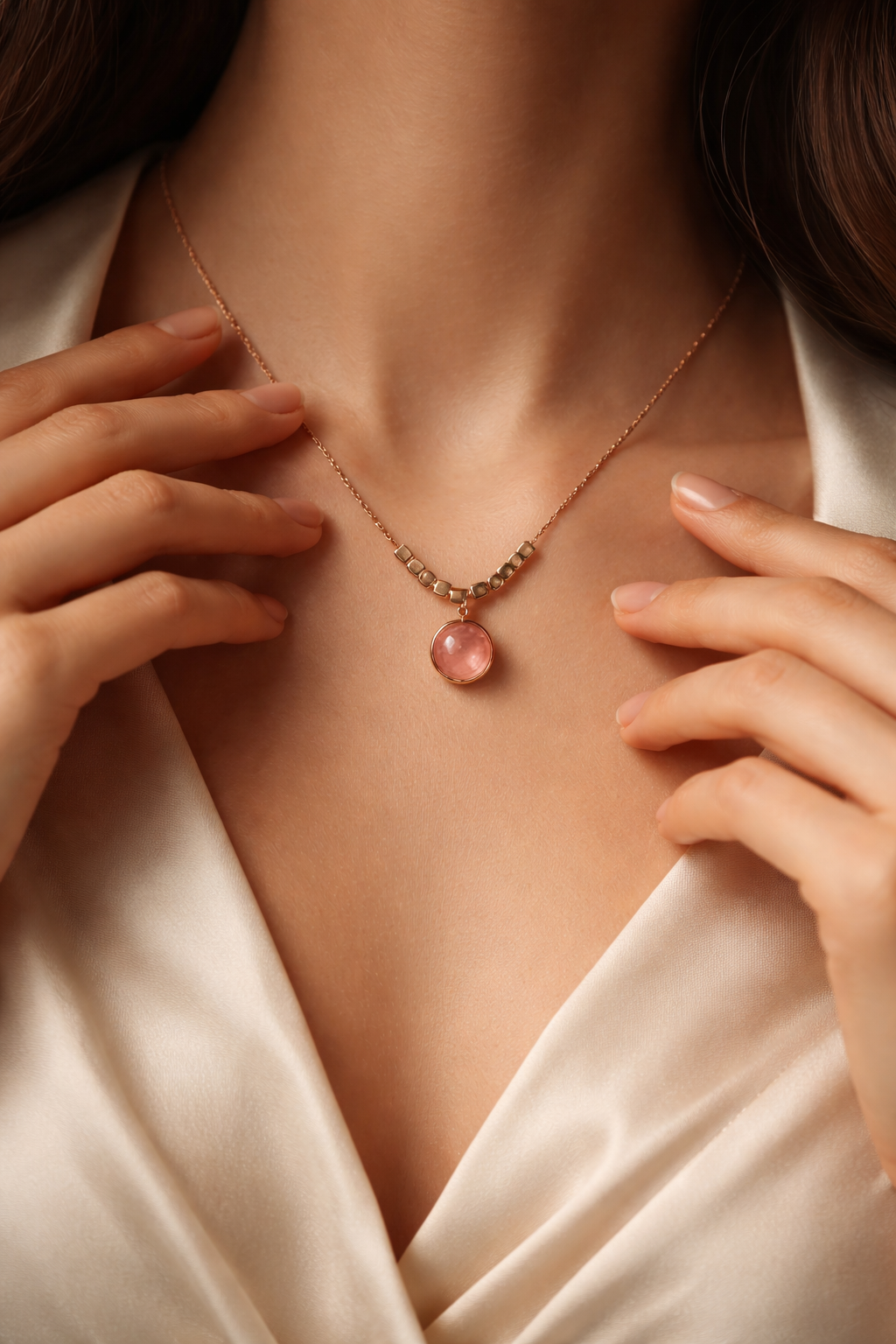 Blush Stone Gold Disc Pendant Necklace with Minimal Bead Detail