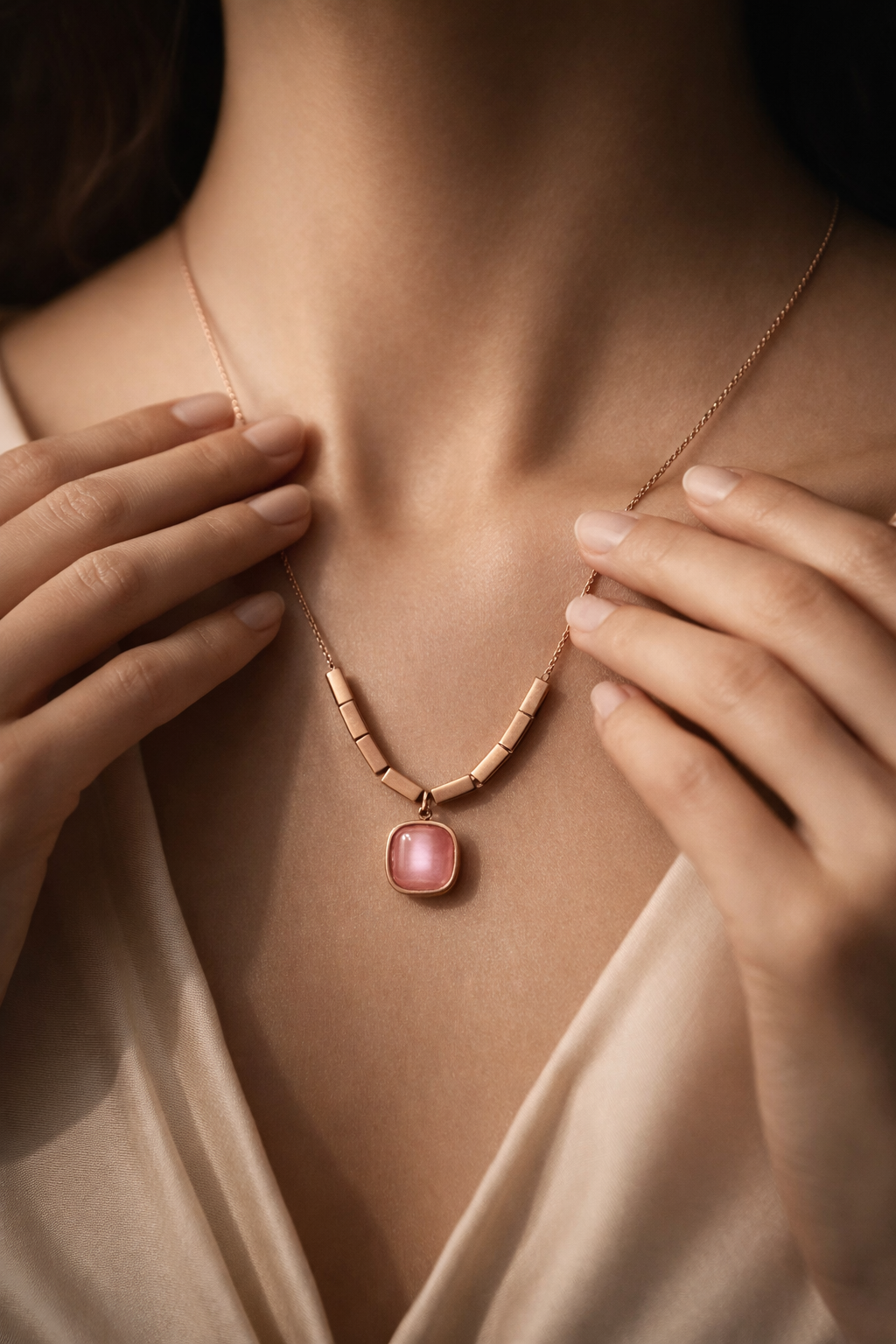 Rose Gold Geometric Bar Necklace with Pink Cushion Stone Pendant