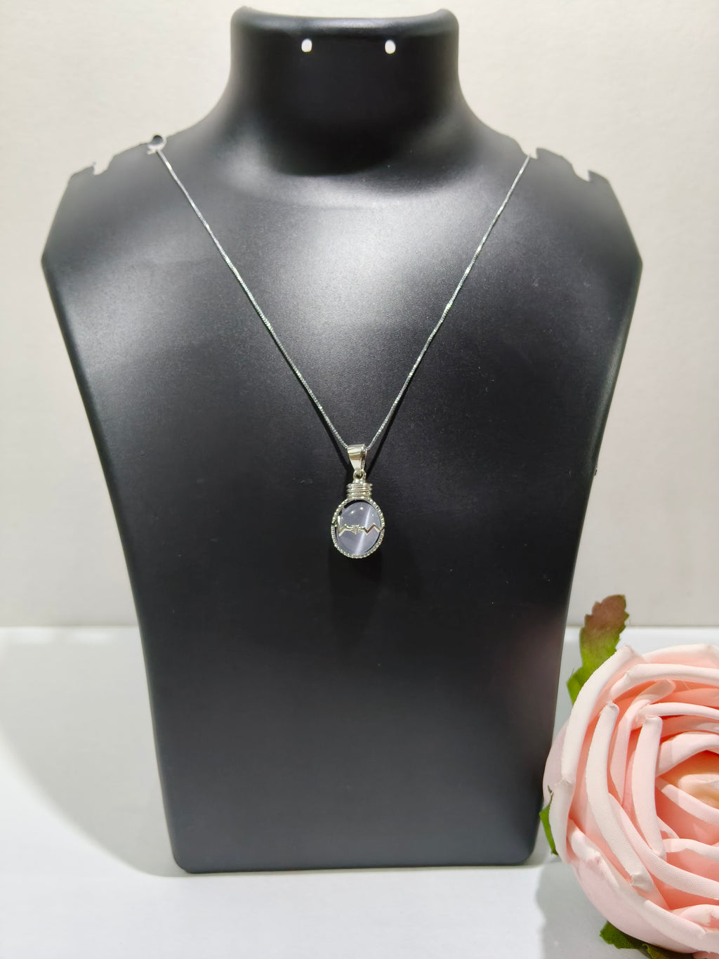 Silver Oval Moonstone Pendant Necklace with Vintage Bezel Detail