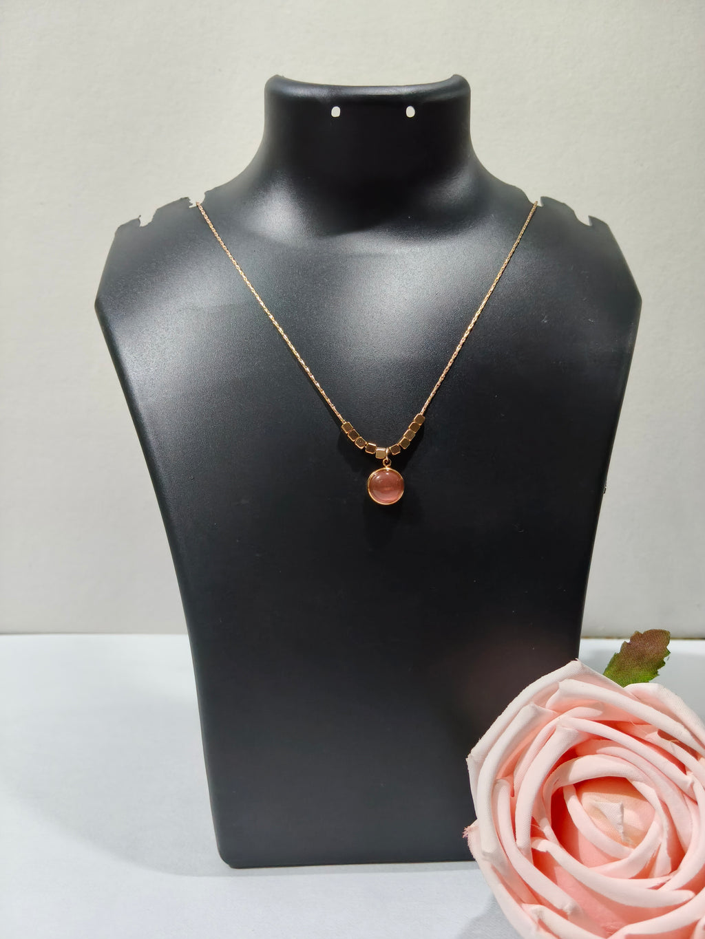 Blush Stone Gold Disc Pendant Necklace with Minimal Bead Detail