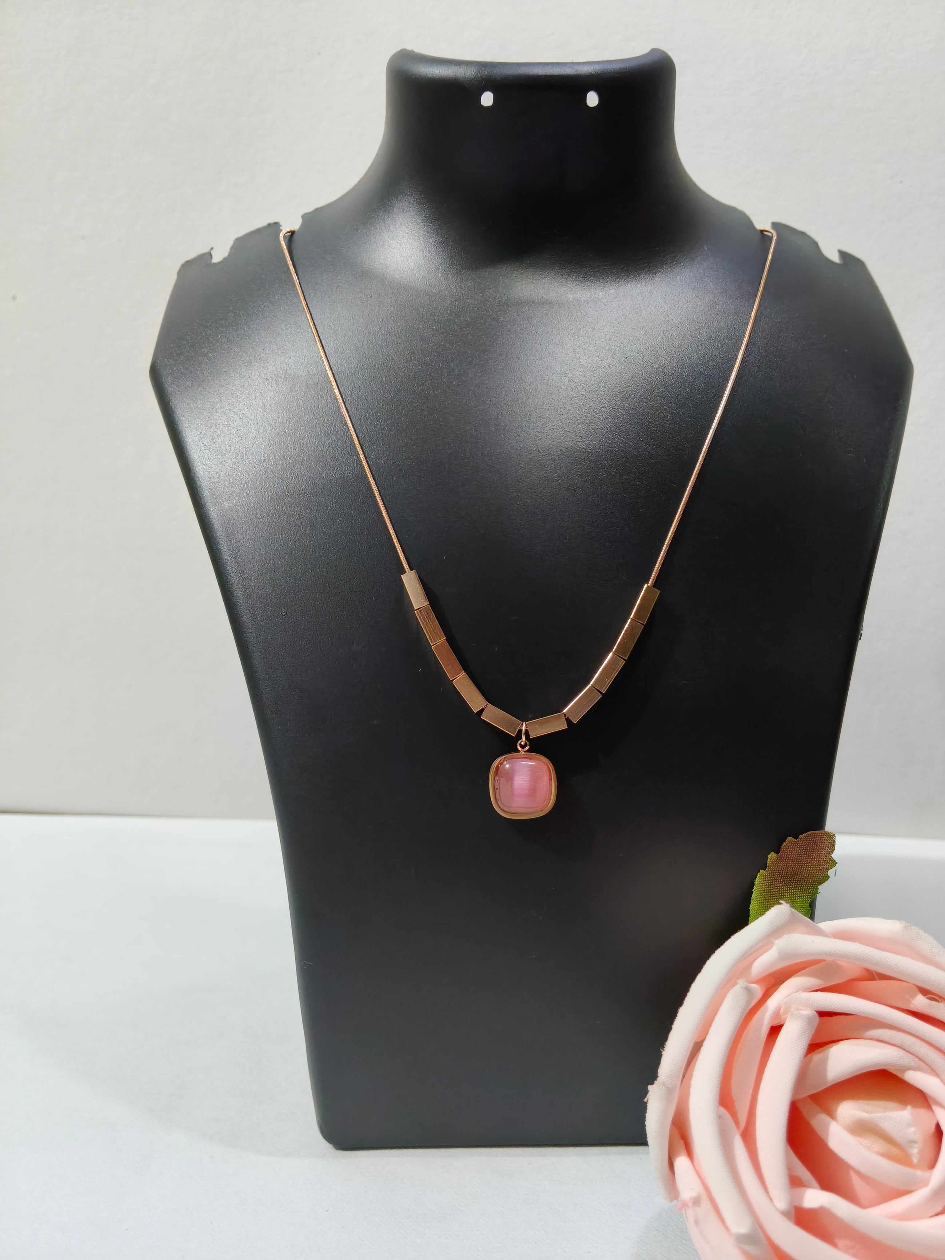 Rose Gold Geometric Bar Necklace with Pink Cushion Stone Pendant