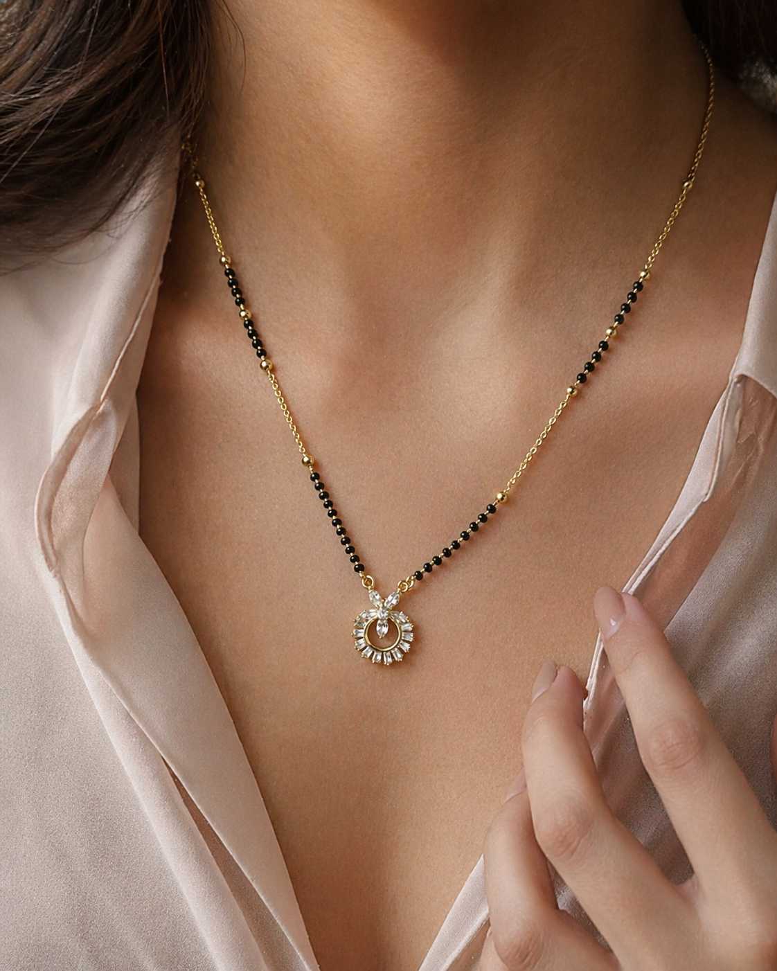 Floral Diamond Pendant Black Bead Mangalsutra