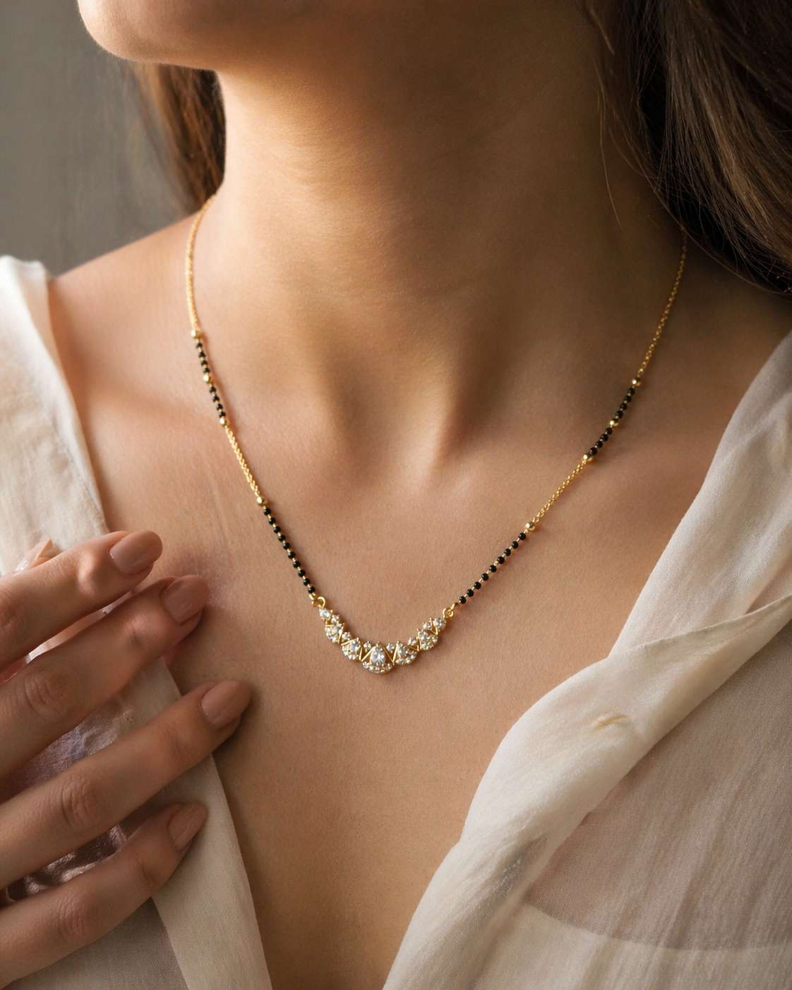 Diamond Curve Design Black Bead Mangalsutra