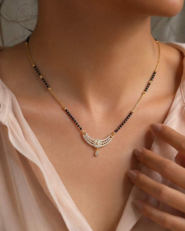 Layered Diamond Pendant Black Bead Mangalsutra