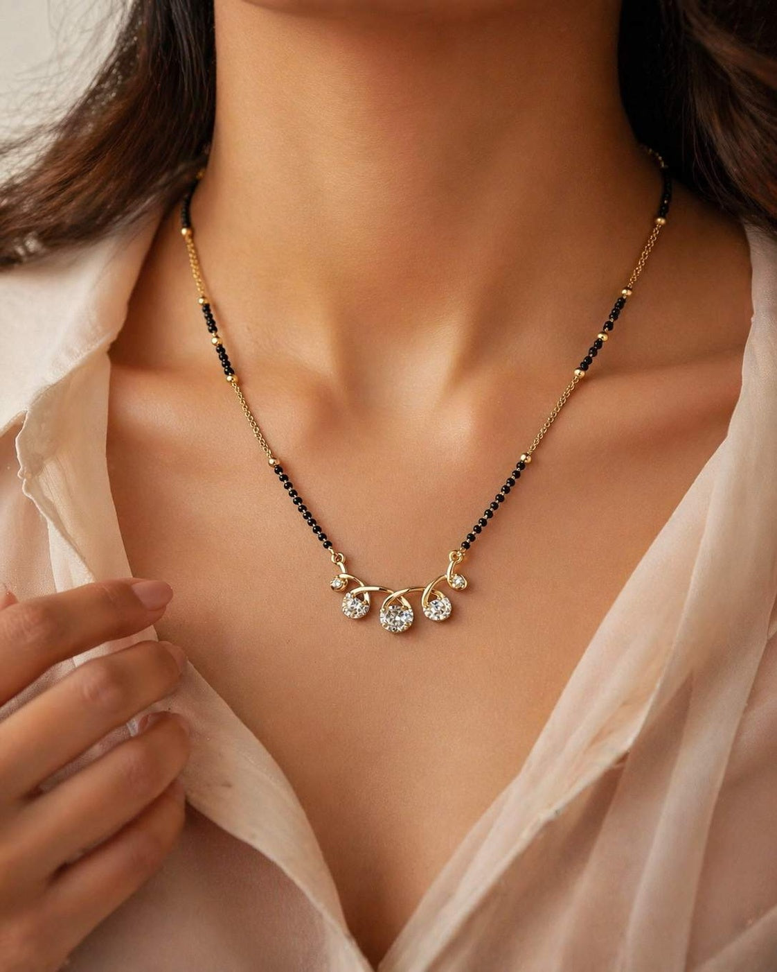 Triple Stone Black Bead Mangalsutra Necklace