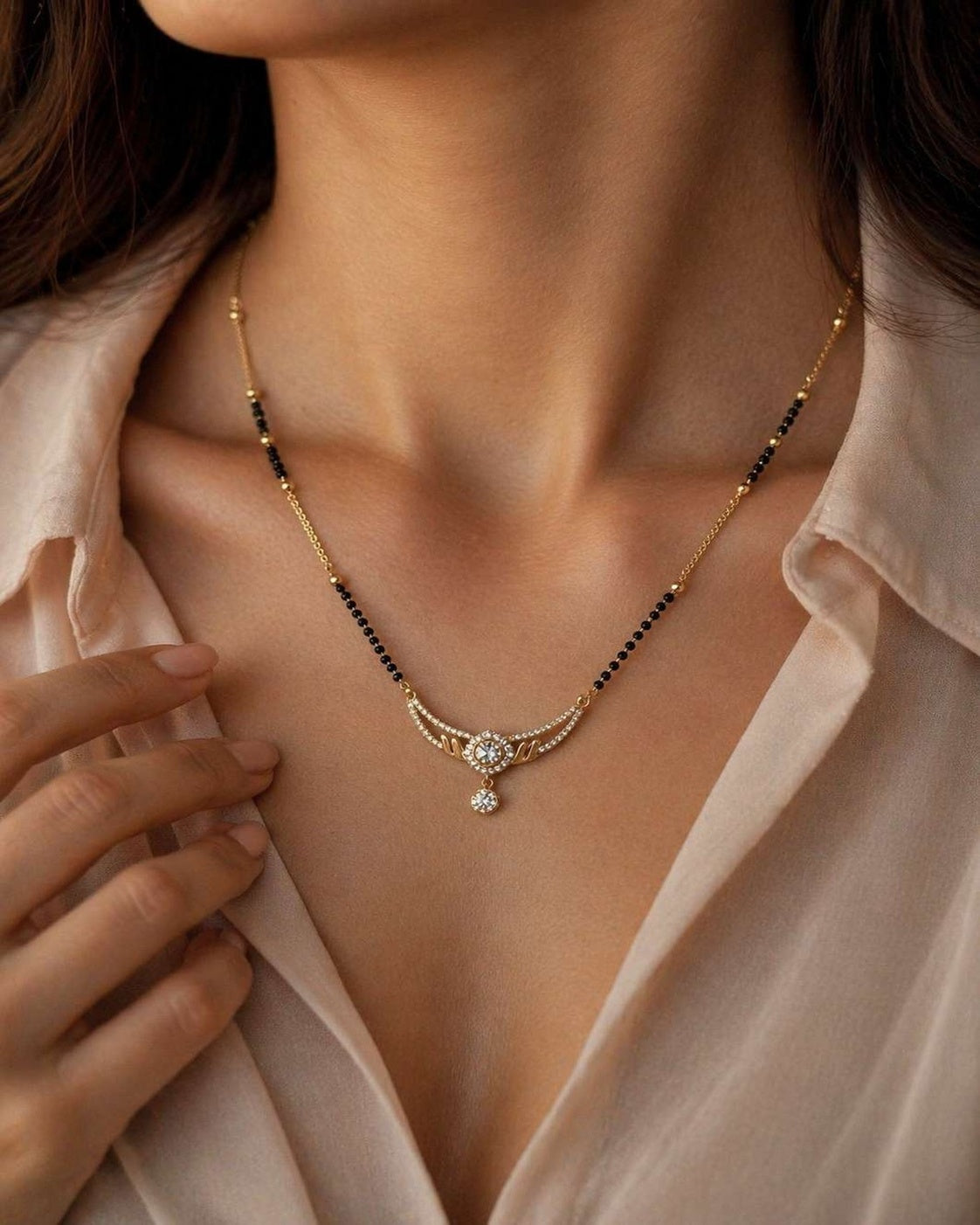 Elegant Diamond Drop Black Bead Mangalsutra