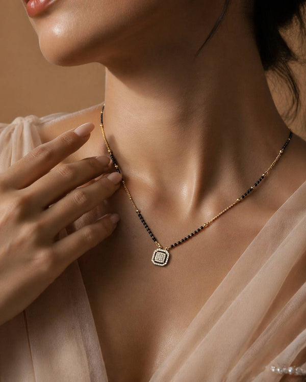 Square Diamond Charm Black Bead Mangalsutra
