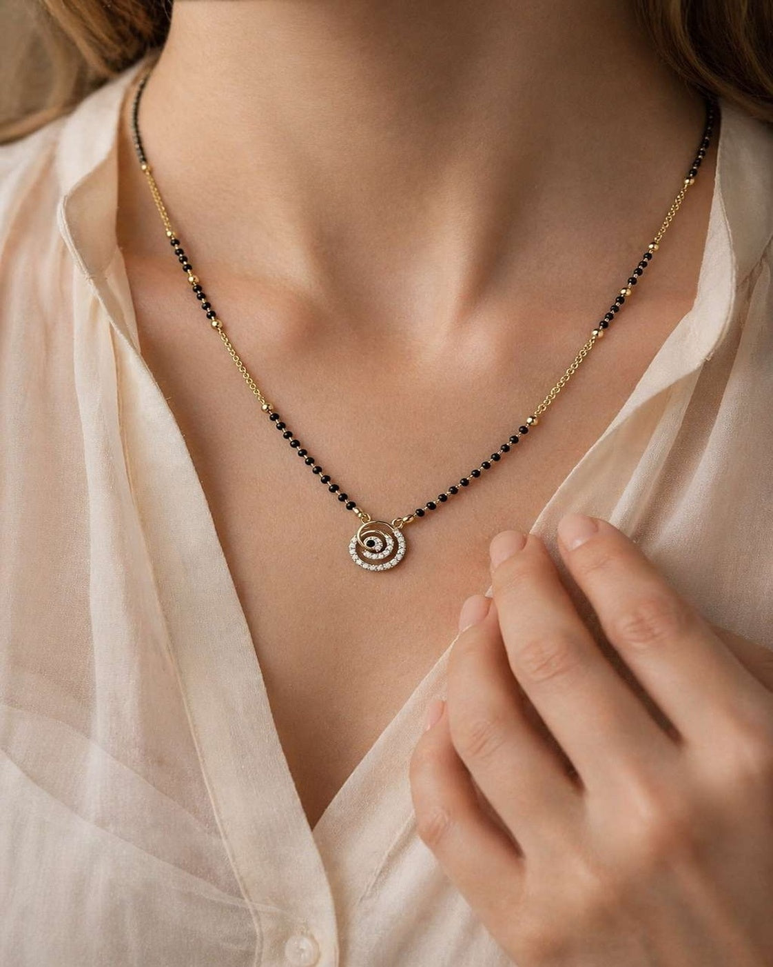 Evil Eye Diamond Pendant Black Bead Mangalsutra